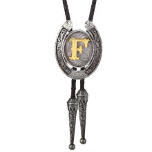 (Style F) Fashionable Unisex Bolo Tie with Metal Initial Letter Pendant Western Leather Rope Necktie for Casual or Formal Event