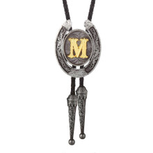 (Style M) Fashionable Unisex Bolo Tie with Metal Initial Letter Pendant Western Leather Rope Necktie for Casual or Formal Event