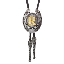 (Style R) Fashionable Unisex Bolo Tie with Metal Initial Letter Pendant Western Leather Rope Necktie for Casual or Formal Event