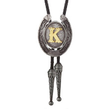 (Style K) Fashionable Unisex Bolo Tie with Metal Initial Letter Pendant Western Leather Rope Necktie for Casual or Formal Event