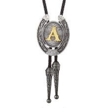 (Style A) Fashionable Unisex Bolo Tie with Metal Initial Letter Pendant Western Leather Rope Necktie for Casual or Formal Event