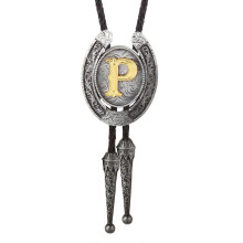 (Style P) Fashionable Unisex Bolo Tie with Metal Initial Letter Pendant Western Leather Rope Necktie for Casual or Formal Event