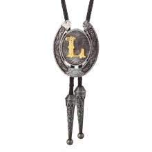 (Style L) Fashionable Unisex Bolo Tie with Metal Initial Letter Pendant Western Leather Rope Necktie for Casual or Formal Event