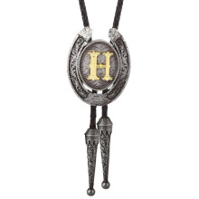 (Style H) Fashionable Unisex Bolo Tie with Metal Initial Letter Pendant Western Leather Rope Necktie for Casual or Formal Event
