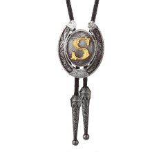 (Style S) Fashionable Unisex Bolo Tie with Metal Initial Letter Pendant Western Leather Rope Necktie for Casual or Formal Event