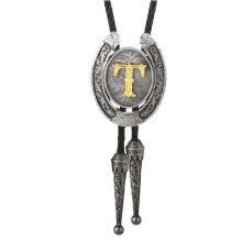 (Style T) Fashionable Unisex Bolo Tie with Metal Initial Letter Pendant Western Leather Rope Necktie for Casual or Formal Event