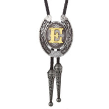 (Style E) Fashionable Unisex Bolo Tie with Metal Initial Letter Pendant Western Leather Rope Necktie for Casual or Formal Event