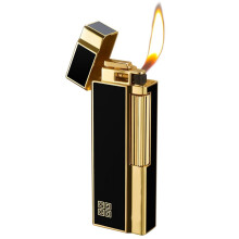 Metal Flip Cover Slanted Flame Gas Lighter Side Slide Grinding Wheel Windproof Soft Flame UltraSlim Gold No Butane