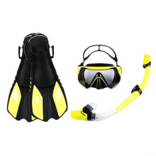 Snorkeling Gear Set Tempered Glass Dive Mask Dry Snorkel Adjustable OpenHeel Fins Black and Yellow Size L/XL