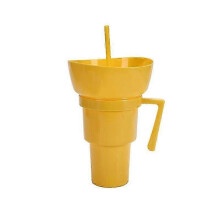 (yellow) 2-in-1 Popcorn & Drink Cup with Handle - Leakproof Reusable PVC Snack Bowl for Movies, Travel & Stadium Events