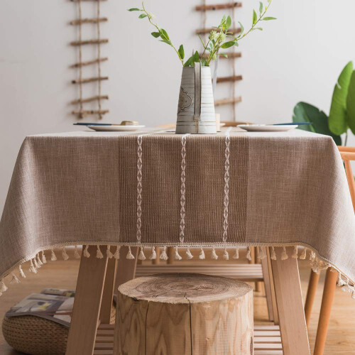 Heavy Weight Cotton Linen Tablecloth Dust Proof Tassel Tablecloth For Kitchen Dining Rectangular 140x220 CM ABrown