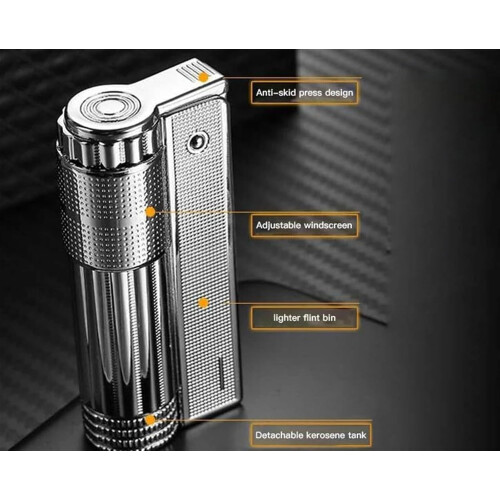 Retro Windproof Brass Body Refillable Fuel Classic Soft Flame One Button Ignition Silver 1
