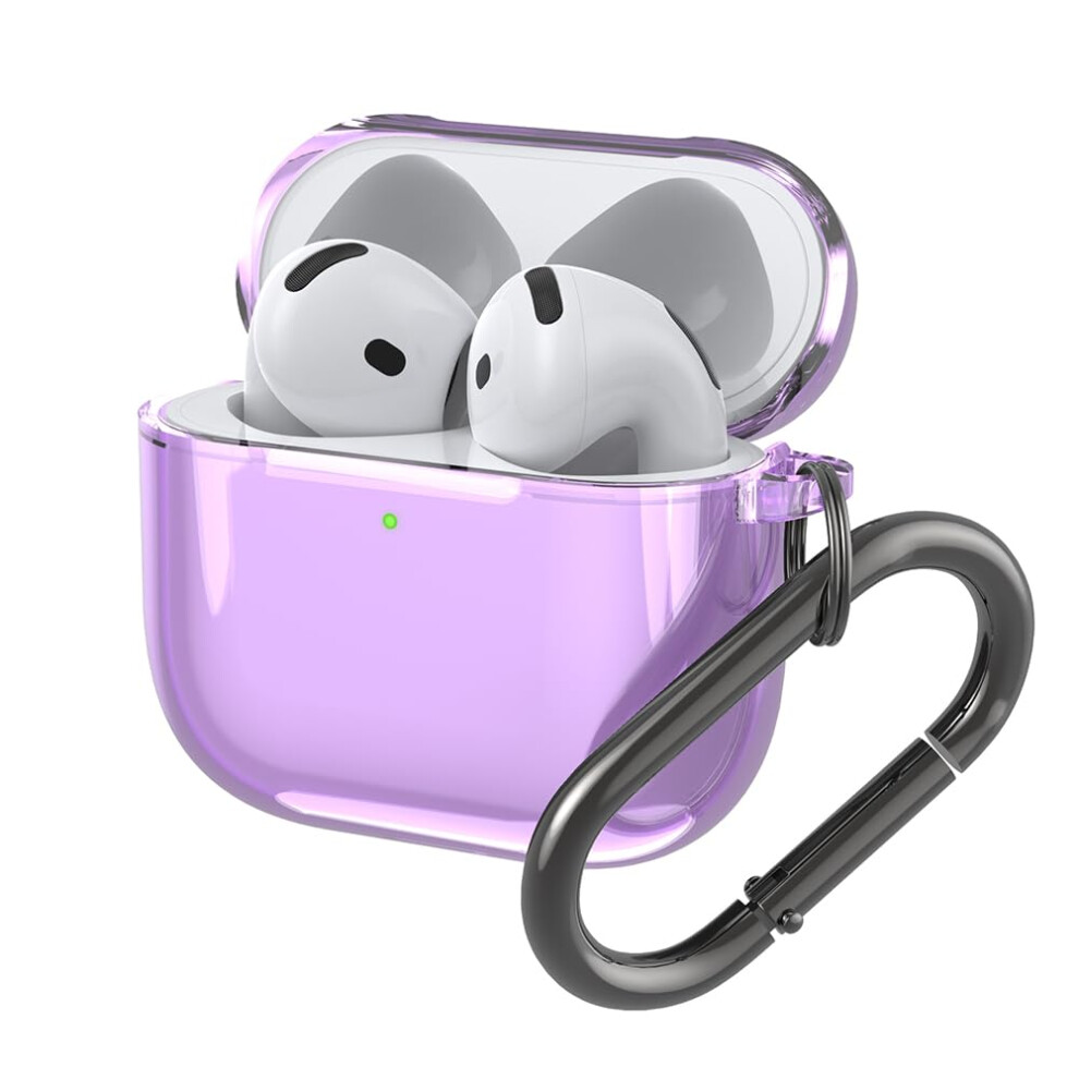 Transparent Protective Case Cover For Airpods 4 2024, Tpu Shockproof Carabiner Case, Easy Charging Access, Purple 9382693470171