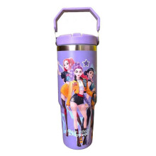 (Purple) 30oz KPop Demon Hunters Tumbler with Straw and Handle for Girls, Teens, Stainless Steel Travel Mug, Insulated Cup with Lid