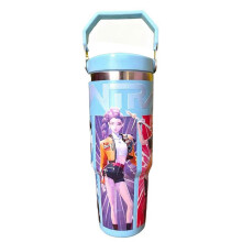 (Blue) 30oz KPop Demon Hunters Tumbler with Straw and Handle for Girls, Teens, Stainless Steel Travel Mug, Insulated Cup with Lid