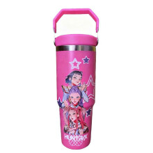 (Rose red) 30oz KPop Demon Hunters Tumbler with Straw and Handle for Girls, Teens, Stainless Steel Travel Mug, Insulated Cup with Lid