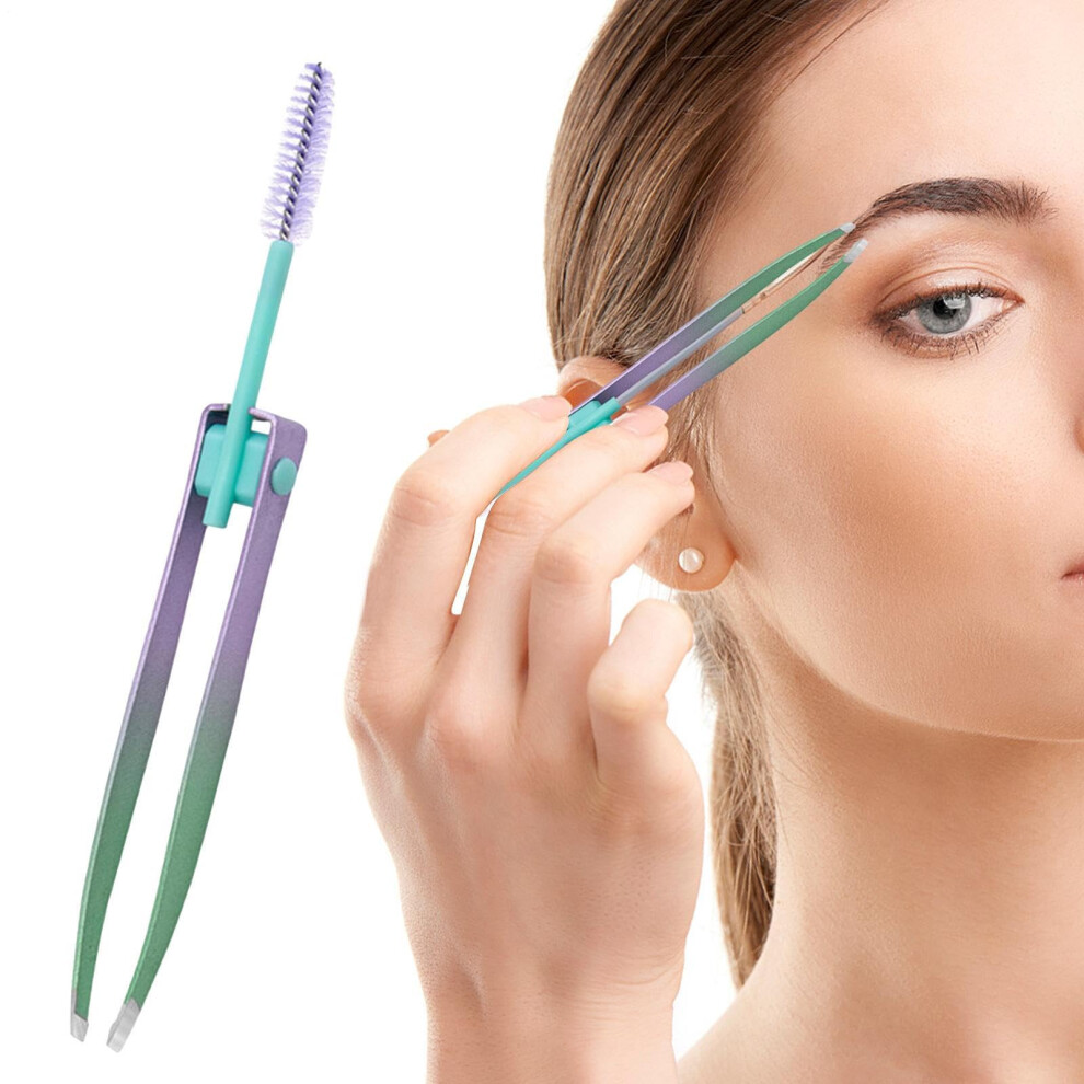 2 in 1 Stainless Steel Eyebrow Tweezers with Brush, Precision Hair Removal Tweezers for Grooming