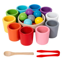 Copos e bolas de madeira para crianças pequenas, conjunto de atividades Montessori de classificação e combinação de cores, brinquedo para