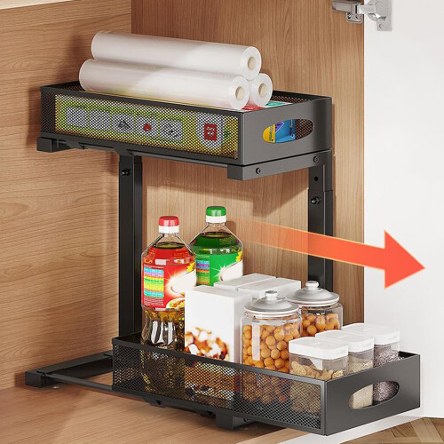 Under The Sink Organizer PullOut, Height Adjustable UnderSink Storage Rack For Kitchen Pantry Closet Bathroom, Black 1