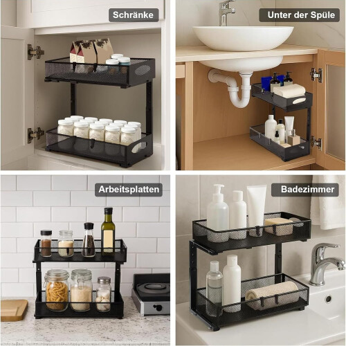 Under The Sink Organizer PullOut, Height Adjustable UnderSink Storage Rack For Kitchen Pantry Closet Bathroom, Black 2