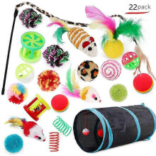 (Set C) 22 Pack Cat Toys for Indoor Cats Collapsible Cat Tunnel Interactive Feather Teaser Wand Ball Toy for Kitten Cats