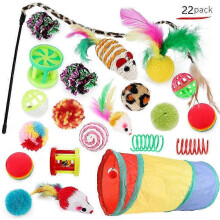 (Set A) 22 Pack Cat Toys for Indoor Cats Collapsible Cat Tunnel Interactive Feather Teaser Wand Ball Toy for Kitten Cats