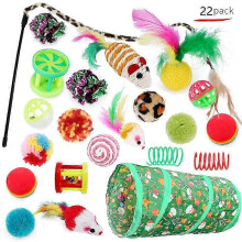 (Set B) 22 Pack Cat Toys for Indoor Cats Collapsible Cat Tunnel Interactive Feather Teaser Wand Ball Toy for Kitten Cats