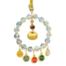 (God of Wealth Jin Fa) Light Weight Wooden Buddhist Pendant Handmade Car Ornament Decoration for Modern Vehicle Interior Styling Multicolor