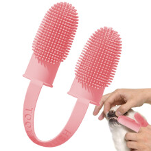 Dog Brush Reusable Silicone Toothbrush 360Degree Cleaning Double Finger Brush Attachment For Dog Gums And Teeth Pink