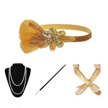 (B) 1920s Gatsby Great Accessories Set for Womens Costume Pearls Necklace Earrings Gloves Flapper Headpiece Headband