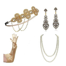 (G) 1920s Gatsby Great Accessories Set for Womens Costume Pearls Necklace Earrings Gloves Flapper Headpiece Headband