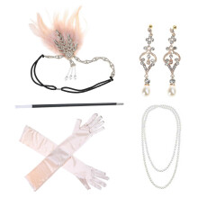 (C) 1920s Gatsby Great Accessories Set for Womens Costume Pearls Necklace Earrings Gloves Flapper Headpiece Headband