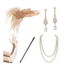 (E) 1920s Gatsby Great Accessories Set for Womens Costume Pearls Necklace Earrings Gloves Flapper Headpiece Headband