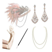 (F) 1920s Gatsby Great Accessories Set for Womens Costume Pearls Necklace Earrings Gloves Flapper Headpiece Headband