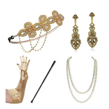 (D) 1920s Gatsby Great Accessories Set for Womens Costume Pearls Necklace Earrings Gloves Flapper Headpiece Headband
