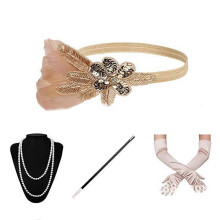 (A) 1920s Gatsby Great Accessories Set for Womens Costume Pearls Necklace Earrings Gloves Flapper Headpiece Headband