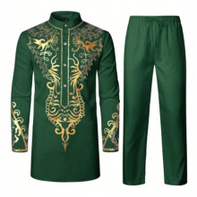 Men's African 2Piece Set Muslim Thobe Loose Kaftan Dubai Arab Style Robe And Trousers Drawstring Size S Green