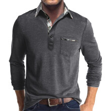 Men's Polo Shirt Long Sleeve Cotton Striped Casual Summer Leisure Golf Tennis Gray S
