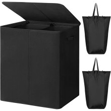 154L Double Laundry Hamper with Lid and Removable Bags, Large 2 Section Foldable Basket for Clothes (Black)