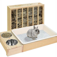 Rabbit Hay Feeder with Litter Box and Stainless Steel Bowls, Large Capacity Bunny Dispenser for Small Animals