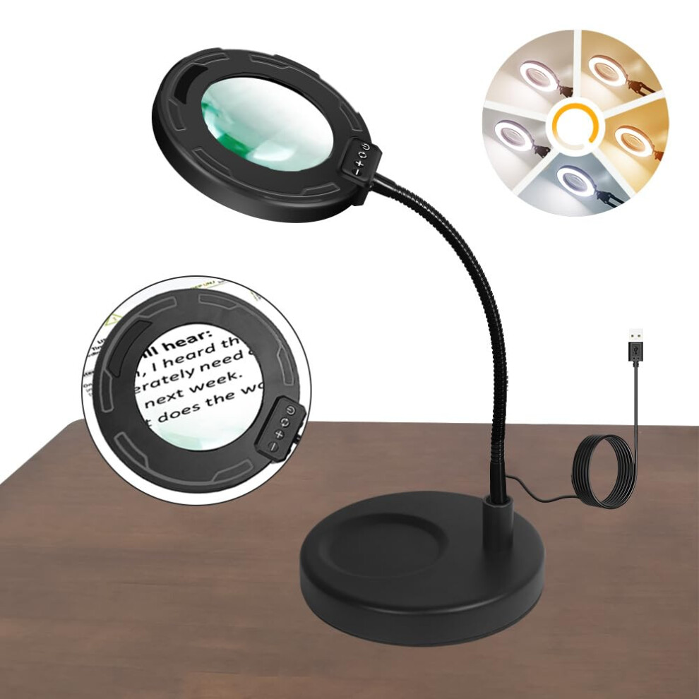 Light 10X Magnifying Glass With And Stand Flexible Gooseneck Magnifier Lamp 5 Color Led Modes Hands Reading