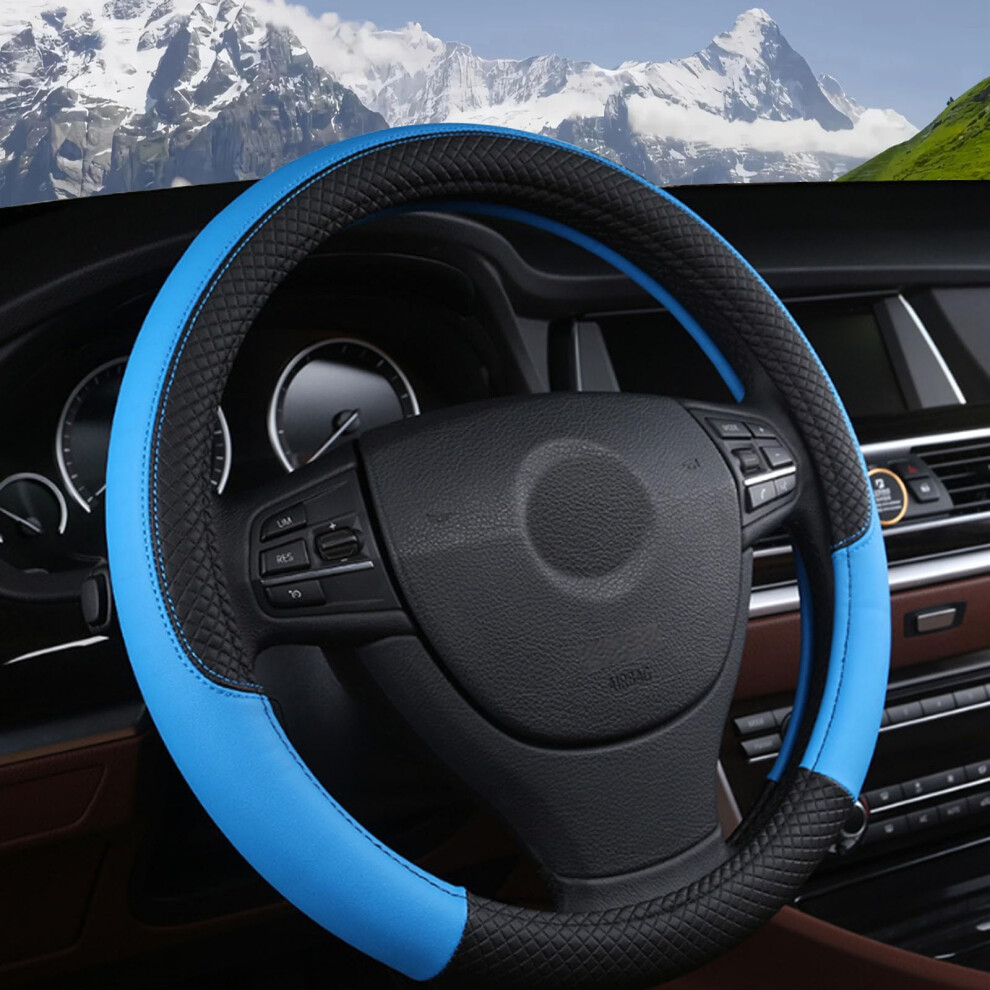 Leather Steering Wheel Cover For Volvo V90 20182022, 38Cm Antislip Grip Black/Blue 9199774149594