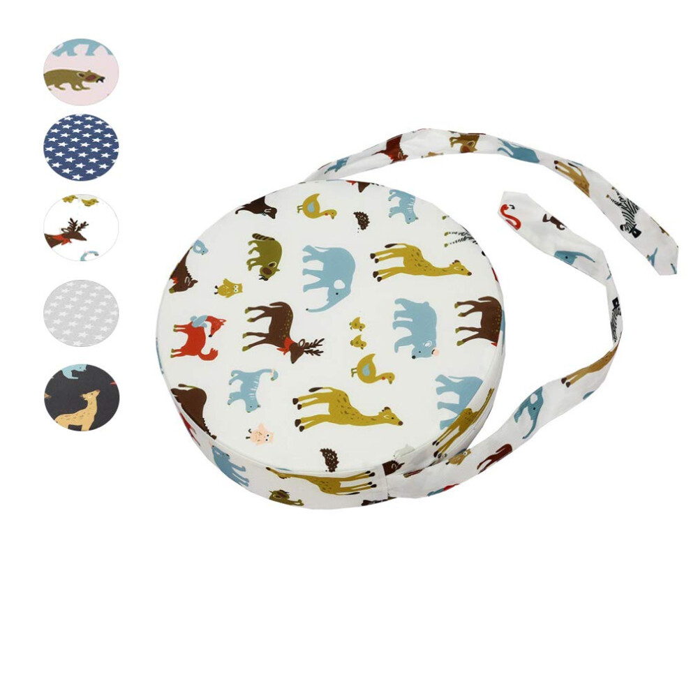Baby Booster Seat Cushion Dinosaur Round Print, 12.6X3.1in, Dismountable Highchair Pad With Straps Washable White