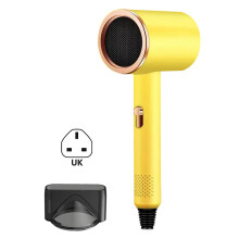(UK plug, Yellow) Powerful Travel Hairdryer Diffuser Quick Drying Hot Cold Wind Hair Dryer for Normal/Curly Hair