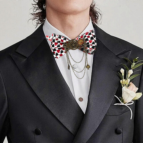 (B) Halloween Themed Gear Chain Bowtie Clasp Polyester Fabric Poker Pattern Party Essential  B 2