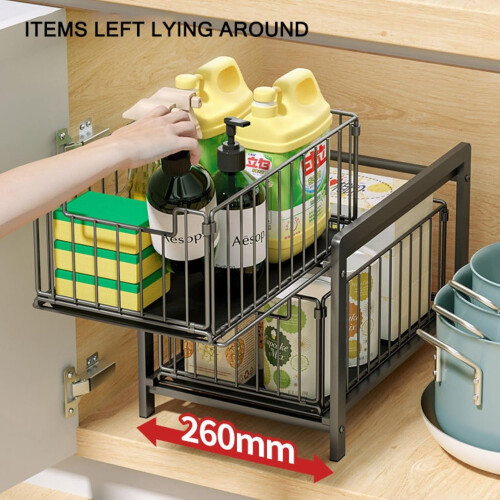 Under Sink Organizer Pull Out Double Shelf Drawer 2Tier Storage For Kitchen Cabinets 26*37*38.5cm Black 2