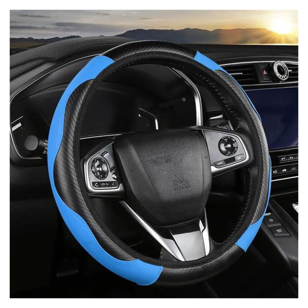38Cm Leather Car Steering Wheel Cover Antislip Grip Breathable For Driving Safety Black/Blue 9199774150125