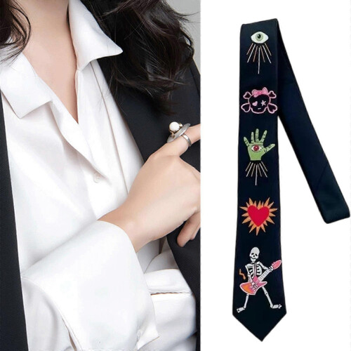 Unique Themed Black Embroidered Necktie From Wool for Comfortable Styles  Black 1