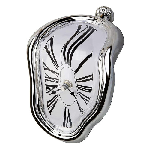 Wall Clock Surreal Melting Clock Distorted Design Silver Finish Home Decor Gift Funny Creative Gift