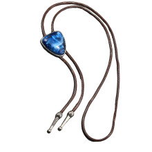 (Blue) PU Leather Necklace With Turquoise Stone Soft Wax Rope Comfortable Bolo Tie Necktie Adjustable Length for Women and Men Green
